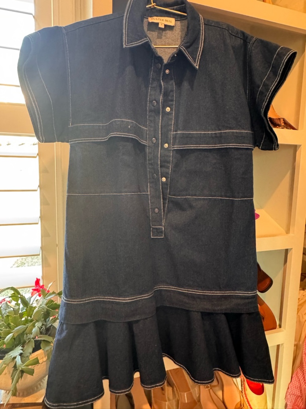 HUNTER BELL Dark Indigo Denim Drop-Waist Ruffle Dress